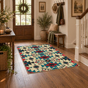 multicolor colorful southwestern tribal pattern area rug, wood floor styling