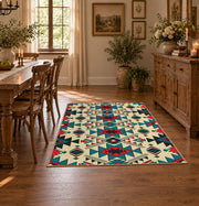 multicolor colorful southwestern tribal pattern area rug, close decorative detail