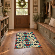 multicolor colorful southwestern tribal pattern area rug, front room mockup