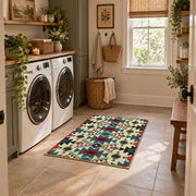 multicolor colorful southwestern tribal pattern area rug, wide interior view