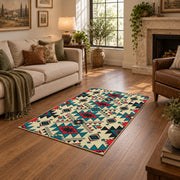 multicolor colorful southwestern tribal pattern area rug, ornamental detail view