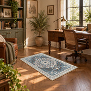 teal and gray ornate floral medallion area rug, complete product view