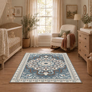 teal and gray ornate floral medallion area rug, angled room view