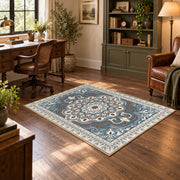 teal and gray ornate floral medallion area rug, soft surface detail