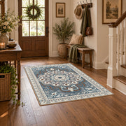 teal and gray ornate floral medallion area rug, wood floor styling