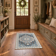 teal and gray ornate floral medallion area rug, front room mockup