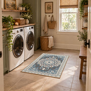 teal and gray ornate floral medallion area rug, wide interior view