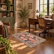 coral and blue decorative elephant and paisley motif area rug, complete product view