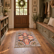 coral and blue decorative elephant and paisley motif area rug, front room mockup