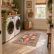 coral and blue decorative elephant and paisley motif area rug, wide interior view