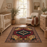 red and navy Persian inspired diamond medallion area rug, warm living room view