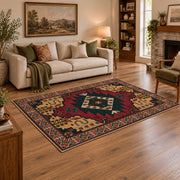 red and navy Persian inspired diamond medallion area rug, angled room view