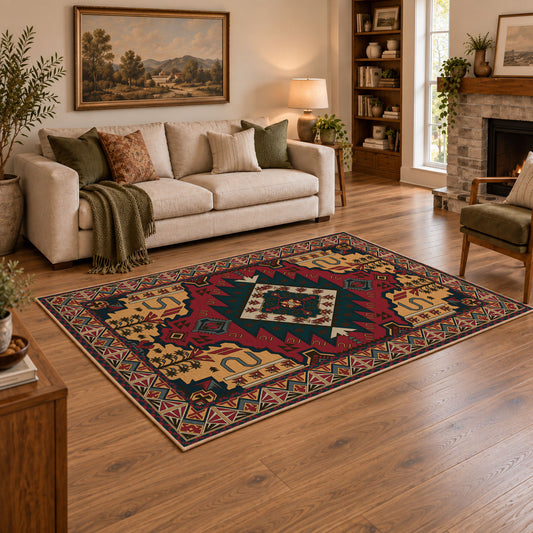 red and navy Persian inspired diamond medallion area rug, angled room view