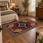 red and navy Persian inspired diamond medallion area rug, full pattern view