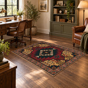 red and navy Persian inspired diamond medallion area rug, soft surface detail