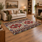 red and cream Persian inspired floral pattern area rug, angled room view