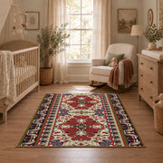 red and cream Persian inspired floral pattern area rug, full pattern view