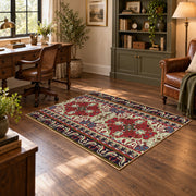 red and cream Persian inspired floral pattern area rug, wood floor styling