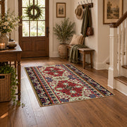 red and cream Persian inspired floral pattern area rug, close decorative detail