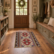 red and cream Persian inspired floral pattern area rug, front room mockup
