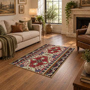 red and cream Persian inspired floral pattern area rug, ornamental detail view