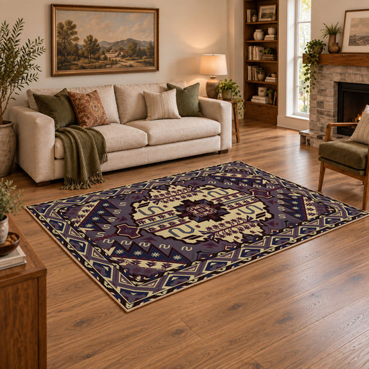 purple and gold ornate medallion pattern area rug, angled room view