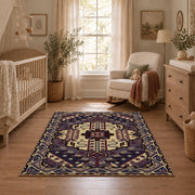 purple and gold ornate medallion pattern area rug, full pattern view