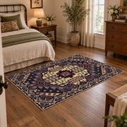 purple and gold ornate medallion pattern area rug, soft surface detail
