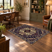 purple and gold ornate medallion pattern area rug, wood floor styling