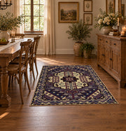 purple and gold ornate medallion pattern area rug, front room mockup