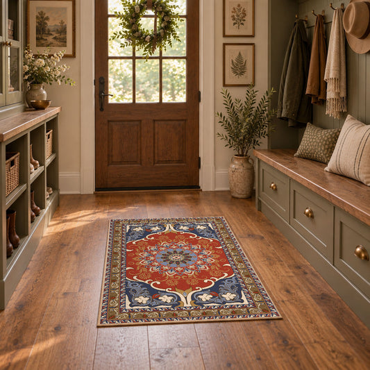 burnt orange and blue floral medallion pattern area rug, warm living room view