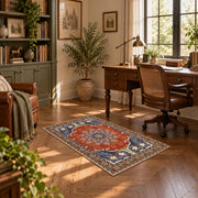 burnt orange and blue floral medallion pattern area rug, complete product view