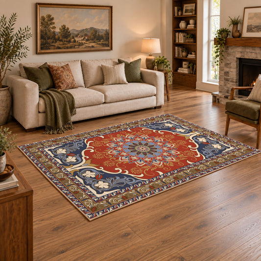 burnt orange and blue floral medallion pattern area rug, angled room view