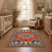 burnt orange and blue floral medallion pattern area rug, full pattern view