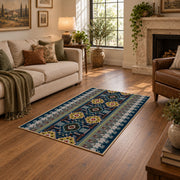 teal and red Persian inspired ornamental pattern area rug, cozy home setting