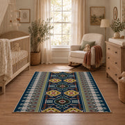 teal and red Persian inspired ornamental pattern area rug, full pattern view