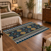 teal and red Persian inspired ornamental pattern area rug, soft surface detail