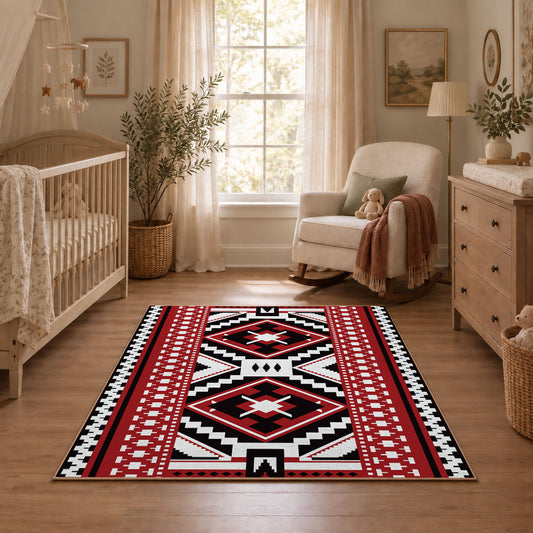 red black and white tribal cross geometric pattern area rug, warm living room view