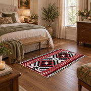 red black and white tribal cross geometric pattern area rug, cozy home setting