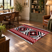red black and white tribal cross geometric pattern area rug, soft surface detail