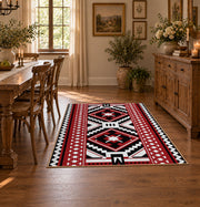 red black and white tribal cross geometric pattern area rug, close decorative detail