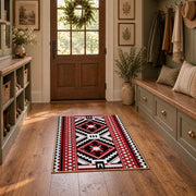 red black and white tribal cross geometric pattern area rug, front room mockup