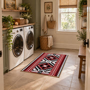 red black and white tribal cross geometric pattern area rug, wide interior view