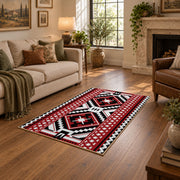 red black and white tribal cross geometric pattern area rug, ornamental detail view