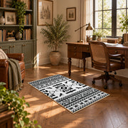 black and white tribal wildlife pattern area rug, complete product view