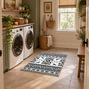 black and white tribal wildlife pattern area rug, wide interior view