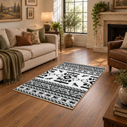 black and white tribal wildlife pattern area rug, ornamental detail view