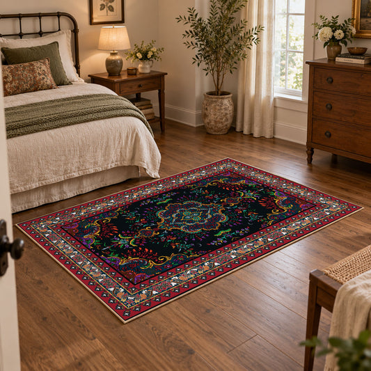 multicolor Persian inspired floral pattern area rug, warm living room view