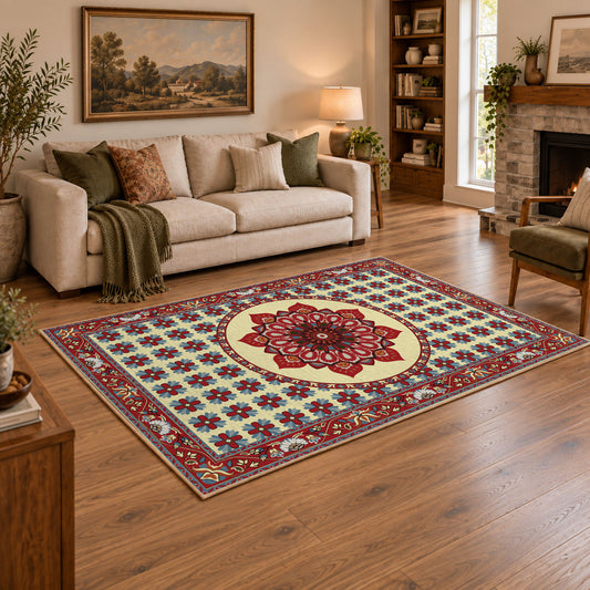 cream and red tile medallion pattern area rug, angled room view