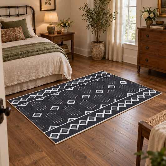 charcoal gray minimal diamond pattern area rug, warm living room view